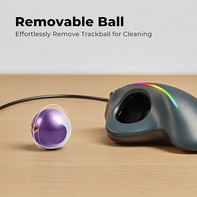 Wired Trackball Mouse with RGB Lighting, Ergonomic Thumb Control to Reduce Muscle Strain, 5 Adjustable DPI, Dual USB-C & USB-A Connectivity, Compatible with PC, Laptop, Mac, Windows-Purple