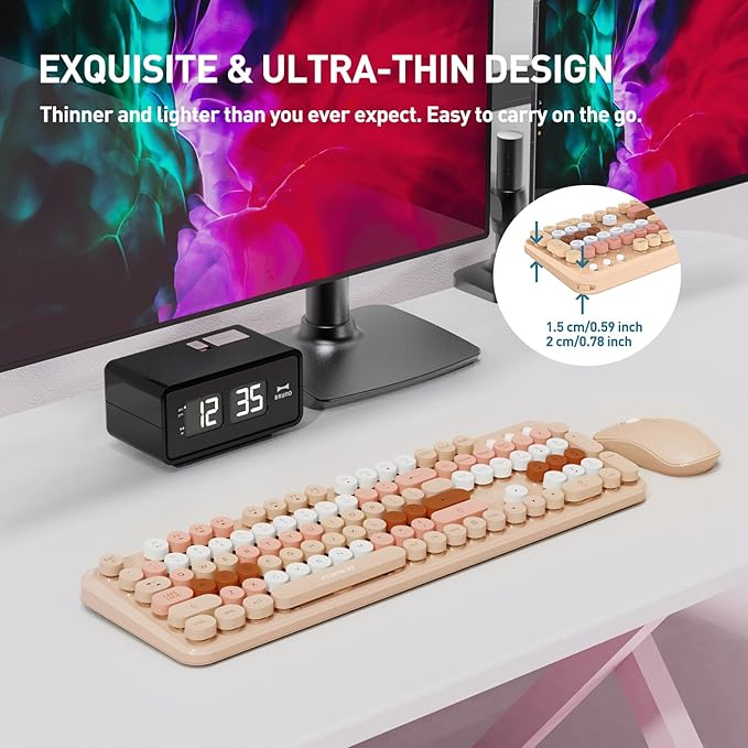 FOPETT 2.4GHz Wireless Keyboard and Mouse Set with Switch Button - Full-Size Keyboard - Compatible for Windows/Laptop/PC/Notebook/Smart TV and More - Milk Tea Colorful