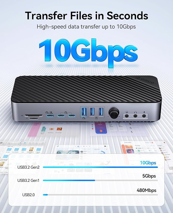ORICO 22-in-1 DisplayLink Docking Station, Quad Displays USB C Hub with 3 DP, 3 HDMI, Single 8K Output, 60W PD, USB A/C 3.2, USB-A 3.0, RJ45, SD/TF, 3 Types AUX