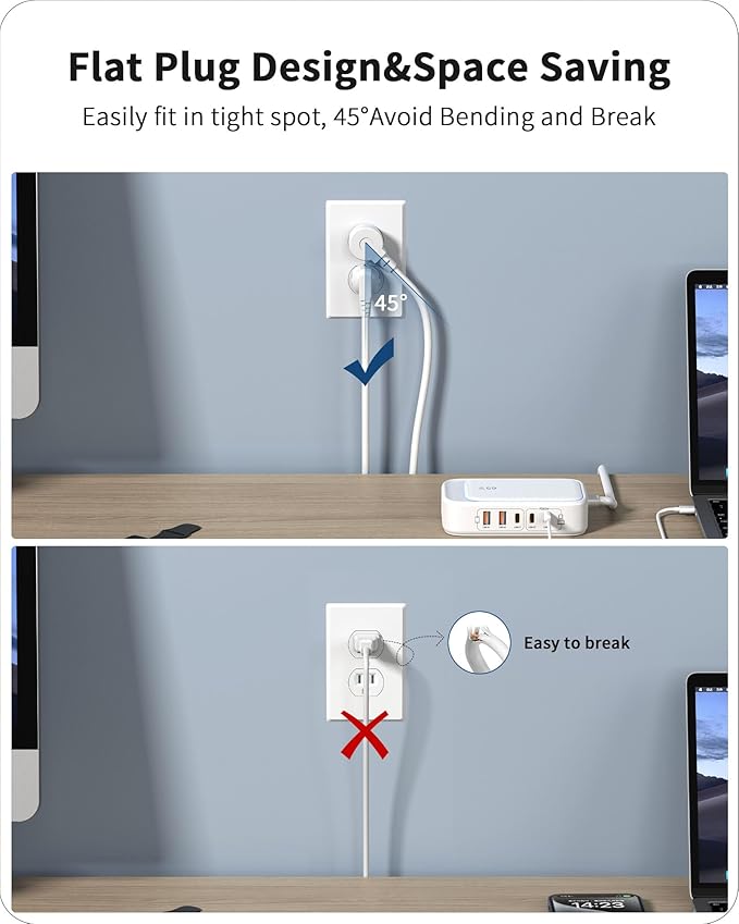 Portable USB Power Strip with 65W PD Fast Charging, 7-in-1 Flat Plug 3 USB-C 2 USB-A Ports 2500W AC Outlets, 175W Total Extension Cord for Home/Office/College/Travel (White)