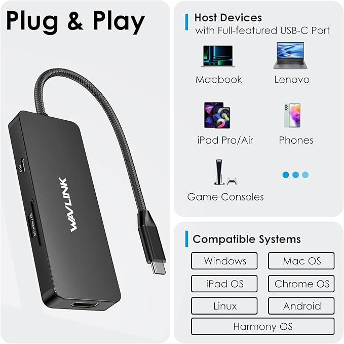 WAVLINK USB C Docking Station Dual Monitor, 4K HDMI, 100W PD, 3X USB3.1, SD/TF Card Reader, USB C Hub Dongle for MacBook Pro/Air, iPad Pro, Surface, XPS, Thunderbolt 3/4 Laptops, Black