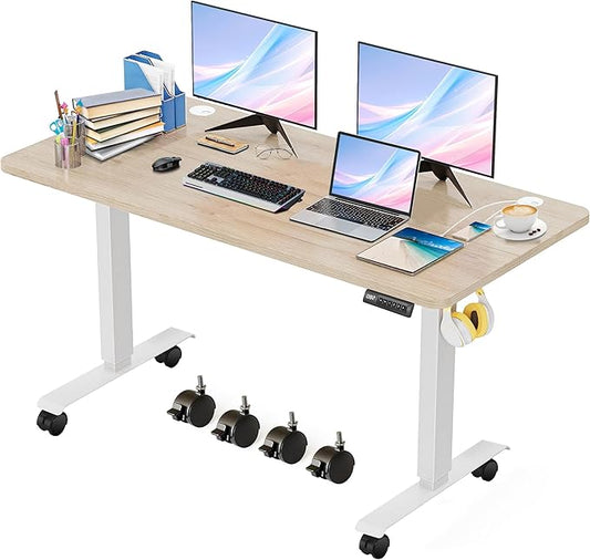 Electric Standing Adjustable Height Desk,55'' x 24'' Stand up Desk with Double Hooks and Wheels, 27''-45'' Lifting Range Computer Workstations(Oak)