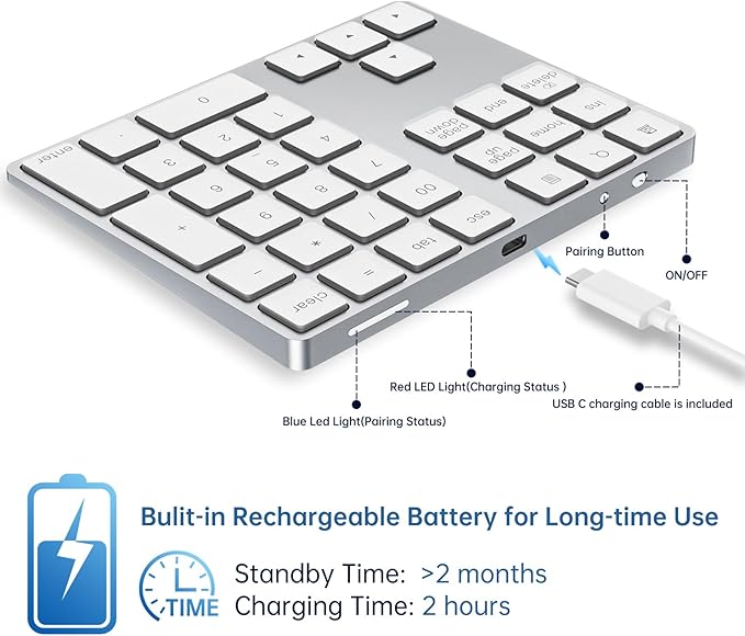 HoRiMe Bluetooth Number Pad, Rechargeable Wireless Numeric Keypad Slim 34-Keys Aluminum Number Keypad External Data Entry Compatible for Laptop