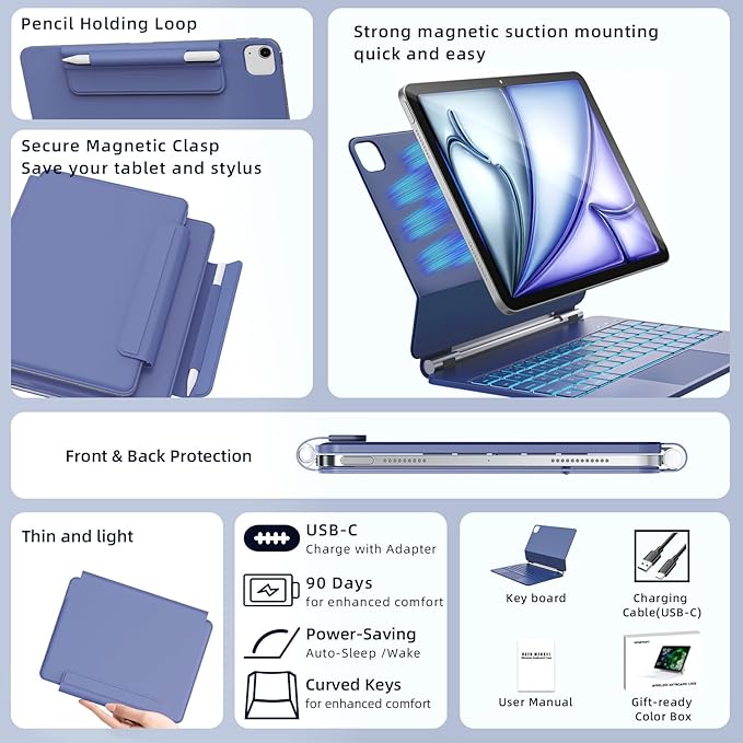 for iPad Air 11 inch Case with Keyboard (M4/M3/M2, 2026/2025/2024), iPad Pro 11 (4th/3rd/2nd/1st Gen) & Air 5/4th Magic Keyboard Case, 11 Colors Backlit, Multi-Touch Trackpad, Blue
