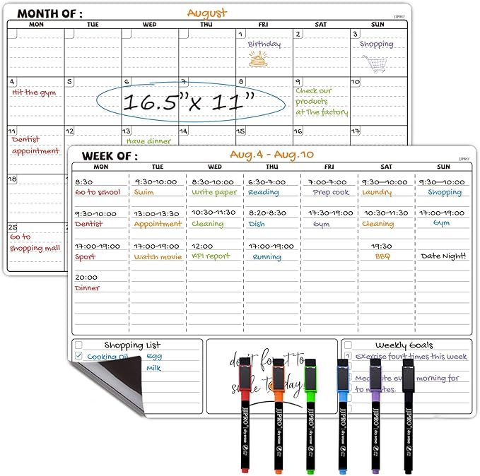 JJPRO Magnetic Dry Erase Monthly Calendar Whiteboard Set for Fridge- Reusable Monthly Calendar and Weekly Planner for Refrigerator-Starts Monday-Magnetic Weekly Planner Bundle-16.5"x11"
