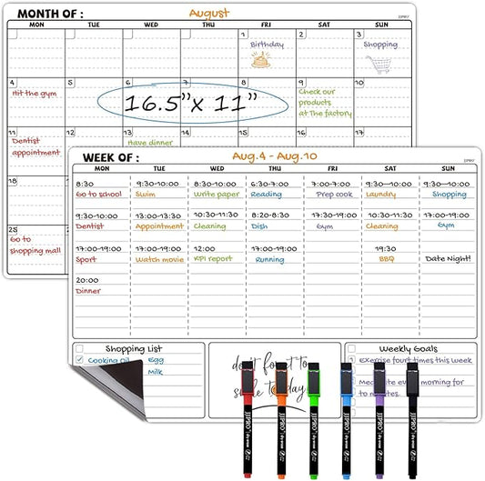 JJPRO Magnetic Dry Erase Monthly Calendar Whiteboard Set for Fridge- Reusable Monthly Calendar and Weekly Planner for Refrigerator-Starts Monday-Magnetic Weekly Planner Bundle-16.5"x11"