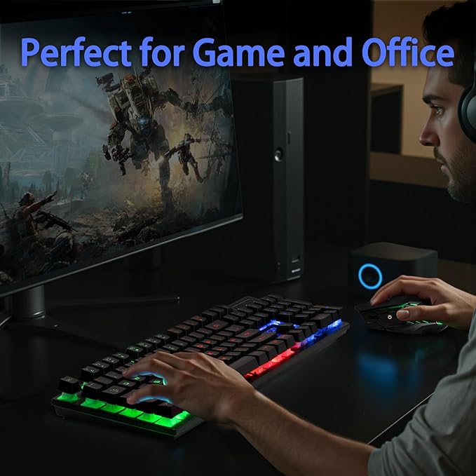 CHONCHOW Wireless Keyboard and Mouse Combo - 2.4G Rechargeable USB Rainbow LED Backlit Wireless Gaming Keyboard,Anti-ghosting Multimedia Keys Mechanical Feel for PC Laptops PS Xbox