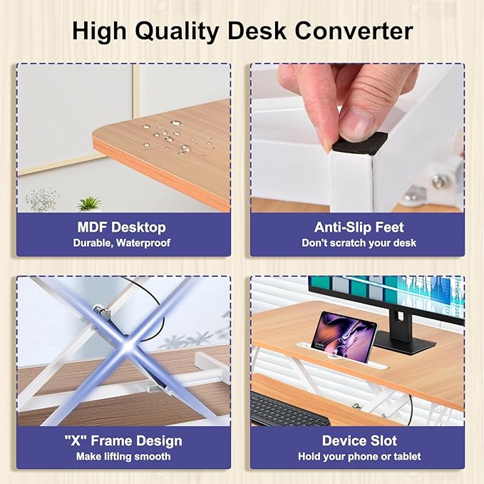 38-Inch Height Adjustable Standing Desk Converter, Duals Monitor & Laptop Riser with Wide Keyboard Tray, Sit to Stand Ergonomic Workstation for Home Office, School, Business, Log Color