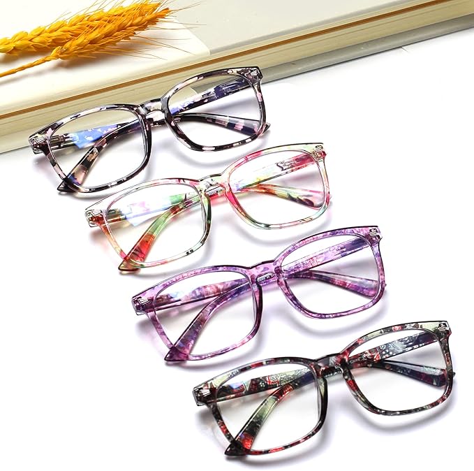 Henotin 4-Pack Blue Light Blocking Reading Glasses Women Men,Spring Hinge Computer Readers,Anti UV Ray Square Nerd Eyeglasses (Ladies Readers with Pattern Print, 1.25, Diopters)