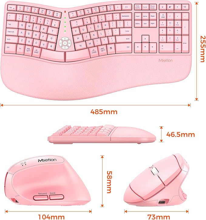 MEETION Ergonomic Keyboard and Mouse, Wireless Keyboard with Vertical Mouse, Split Curved Keyboard with Wrist Rest, Natural Typing Full Size, Windows/Mac/Computer/Laptop, Pink
