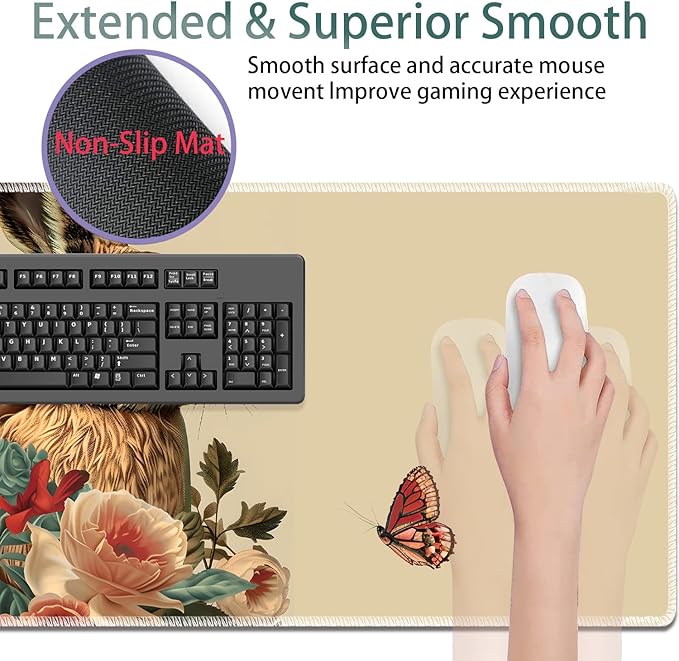 Large Gaming Mouse Pad + Keyboard Wrist Rest + Wrist Support + Coaster Set, Memory Foam Ergonomic for Easy Typing, XXL Extended Gaming Mouse Pad Table Pad - Rabbit