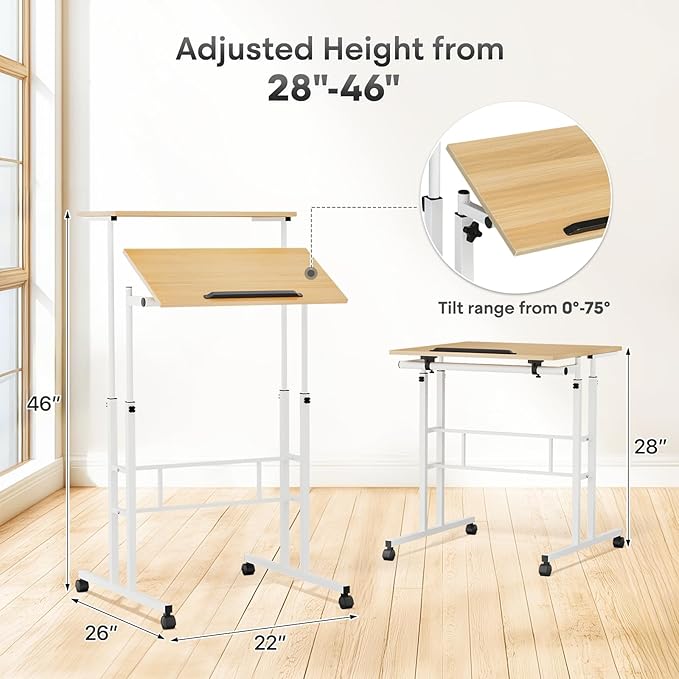 Athena Collection Height Adjustable Rolling Desk Mobile Portable Laptop Stand Cart Small Sit Standing Desk Computer Table Workstation for Home Office, Natural