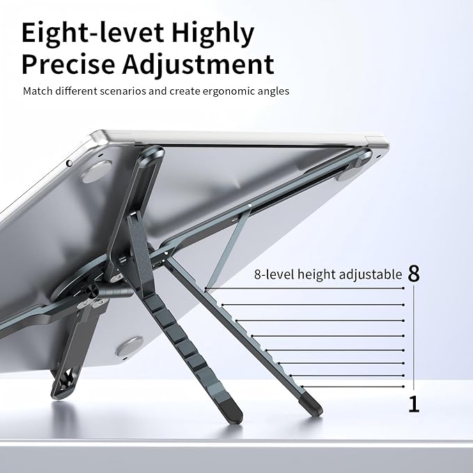 Adjustable Laptop Stand for Desk with Magnetic Phone Holder, MagSafe Compatible Portable Foldable Computer Riser for MacBook, iPhone, iPad, Tablet - Perfect for Office, Home, Traveling (black)