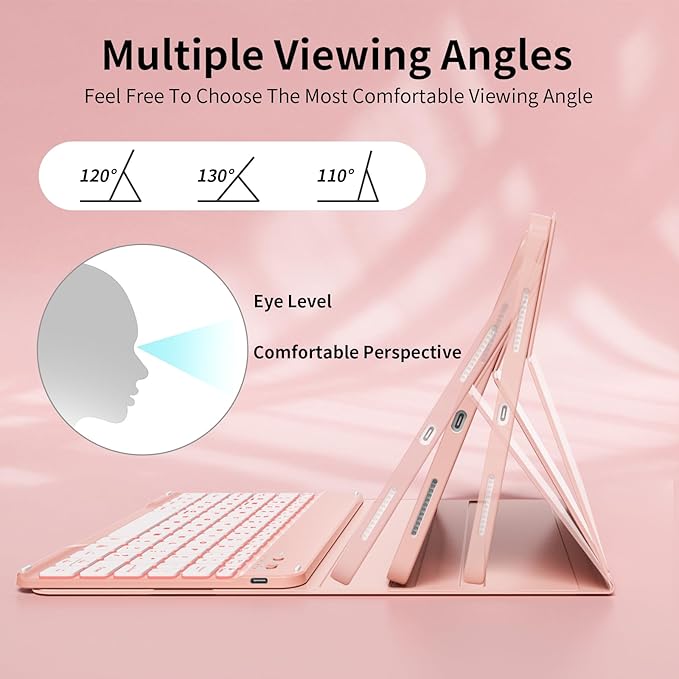 for iPad (A16) 11th Generation 2025 11-inch/10th Generation 2022 10.9 inch with Keyboard, 7 Colors Backlit Square Keycaps, Detachable Wireless Bluetooth Keyboard Case with Pencil Holder,LightPink