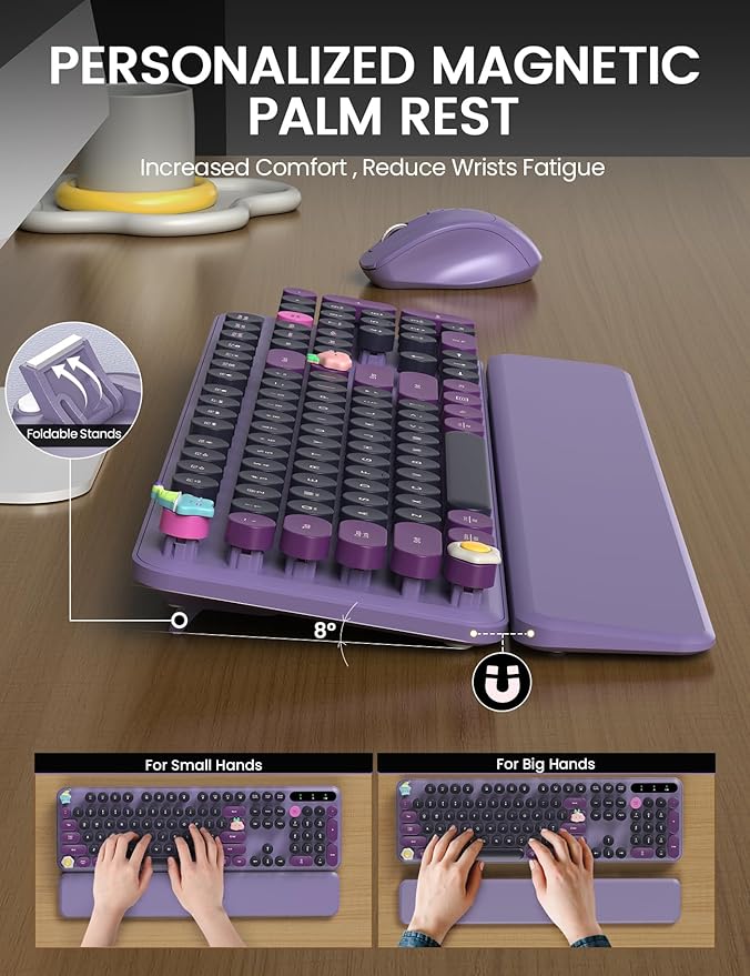 Wireless Keyboard and Mouse - Cute Typewriter Keyboard with Detachable Wrist Rest, Retro Round Keycaps, Foldable Legs, 2.4GHz Full-Size Keyboard Combo for PC, Laptop, Windows - Trueque (Grape Purple)