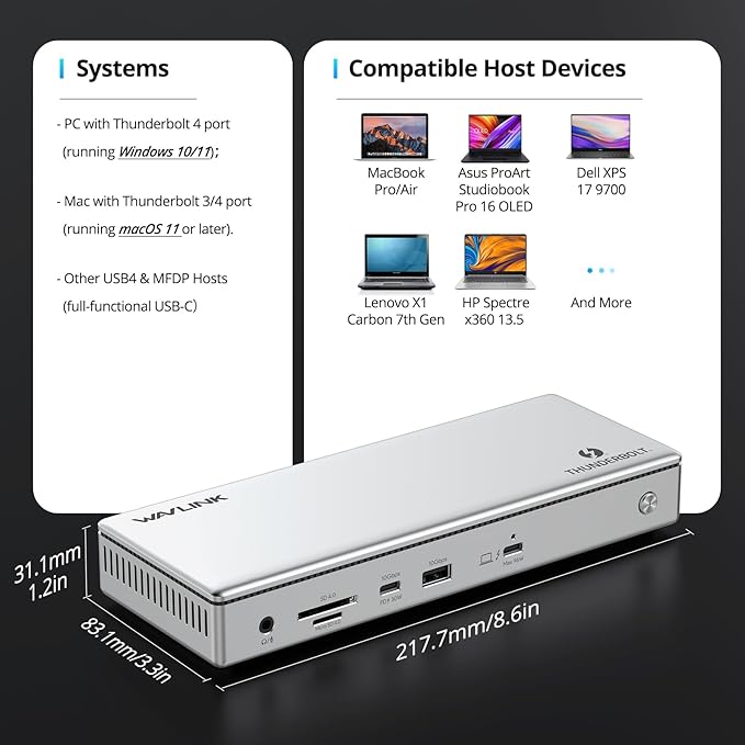 Thunderbolt 4 Dock, WAVLINK Thunderbolt 4 Docking Station with Single 8K@60Hz, Triple 4K@60Hz Monitors, Thunderbolt4 Ports, 160W PD Charger, 2.5G Ethernet, SD/TF,10Gbps USB3.1, for MacBook Pro/Air etc