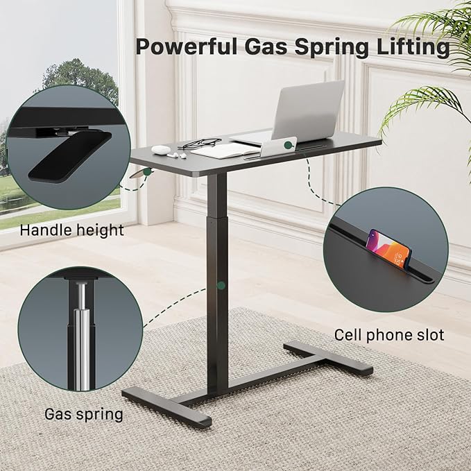 Mobile Standing Desk, Pneumatic Adjustable Rolling Desk(31.5 Inches), Portable Laptop Desk with Wheels, Overbed Bedside Table Laptop Table for Couch, Home, Office, Black