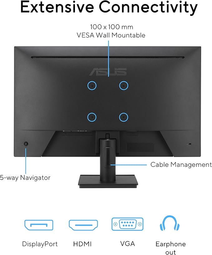 ASUS 27” Eye Care Monitor (VA279QG) – IPS, Full HD, 99% sRGB, Frameless, 120Hz, Adaptive-Sync, 1ms, Speakers, HDMI, DisplayPort, VGA, Low Blue Light, Flicker Free, Wall Mountable, 3 yr Warranty