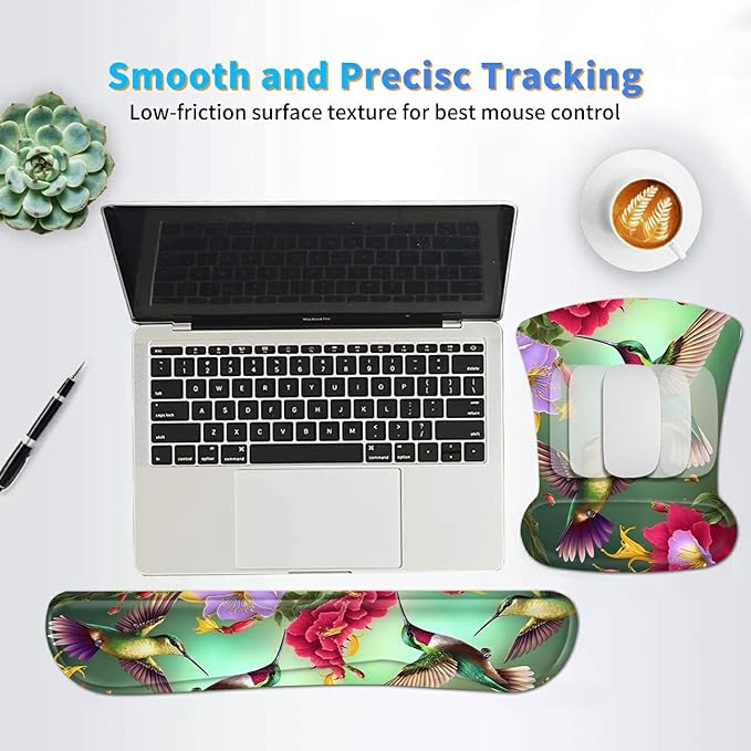 Ergonomic Mouse Pad with Wrist Support Gel & Memory Foam, Floral Hummingbird Flower Pattern, Non-Slip PU Base for Office, Gaming, Computer, Laptop, Home