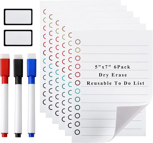 Mornajina 6Pcs Magnetic Dry to Do List for Wall 5x7 inch, White Board Stickers for Wall with 3 Markers, Reusable Lined Stickies Planner to Do List