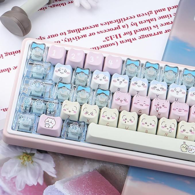 26 Keys Crystal Jelly Personalized Keycaps, PC Material Cute Blue Kawaii Transparent Custom Keycaps, Mao Profile Keycap for DIY MX Swithes Mechanical Keyboards