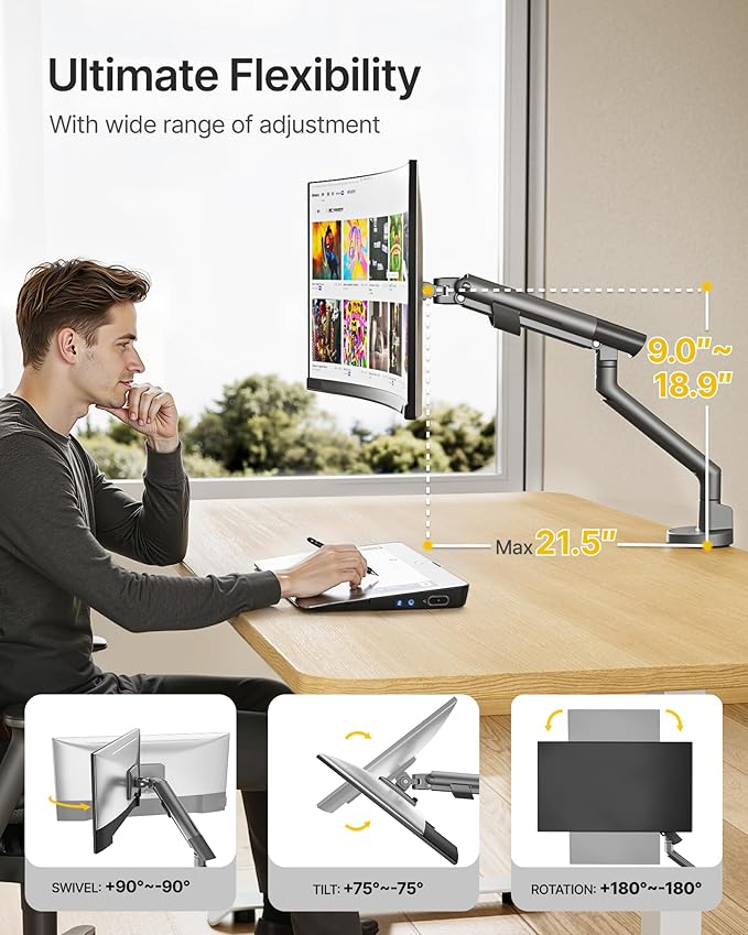 monTEK Heavy Duty Single Monitor Arm for 17-40 Inch Screens, Full Motion Monitor Mount Up to 24.3lbs, Aluminum Monitor Stand with VESA 75/100mm, C-Clamp/Grommet Base for Curved Screens, Gray