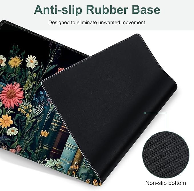 Wildflowers Mouse Pad, Large Desk Mat Extended Nature Botanical Aesthetic Deskpad, 4 PCS Non-Slip Rubber Base Computer Mouse Pads for Work, Game, Office, Home Decor Gifts I Floral Plants Books