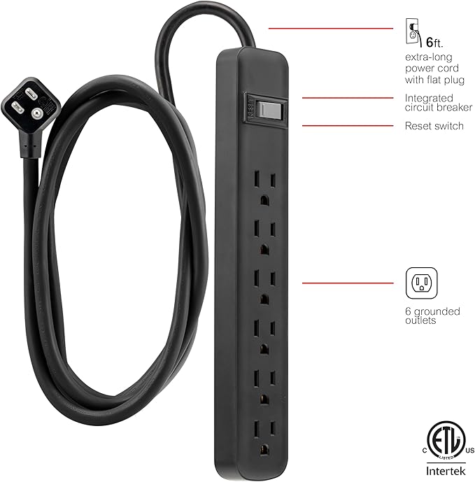 GE 6-Outlet Power Strip, 6 Ft Extension Cord, Heavy Duty Plug, Grounded, Integrated Circuit Breaker, 3-Prong, Wall Mount, ETL Listed, Black, 14088