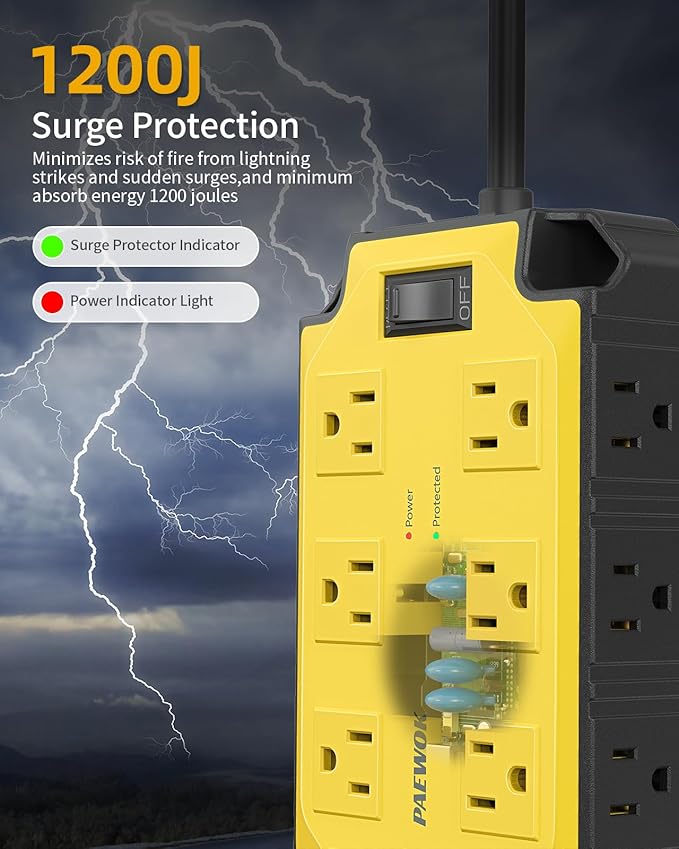 Surge Protector Power Strip 15 Amps/1200 Joules, 12 Outlets with 4 USB Ports (2 USB-C), Magnetic Heavy Duty Power Strip, 6.5 FT Extension Cord for Industrial Shop Garage (Yellow)