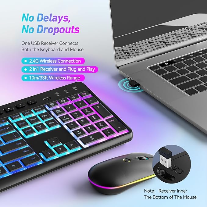 Wireless Keyboard and Mouse Combo with Backlit,2.4Ghz Rechargeable Light Up Keyboard Mouse with Phone Tablet Holder,11 Shortcut Keys,Silent 22 RGB Backlit Mouse,Quiet Click for Computer,PC,Mac,Windows