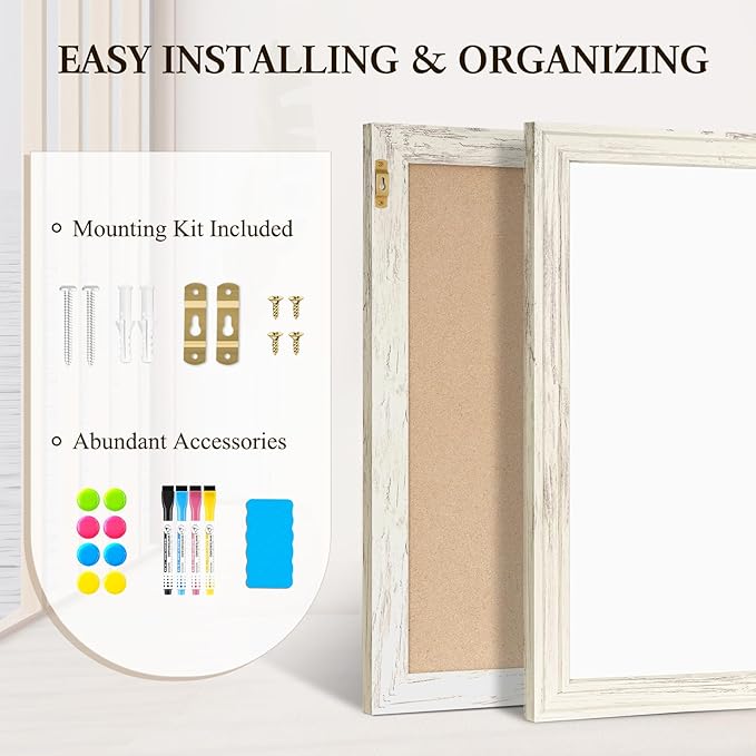 4 THOUGHT Dry Erase Board, 24 x 36 in Magnetic Whiteboard White Vintage Wood Frame Wall-Mounted White Board Decorative Notice Board for School, Office, Home, 8 Magnets 4 Markers 1 Eraser