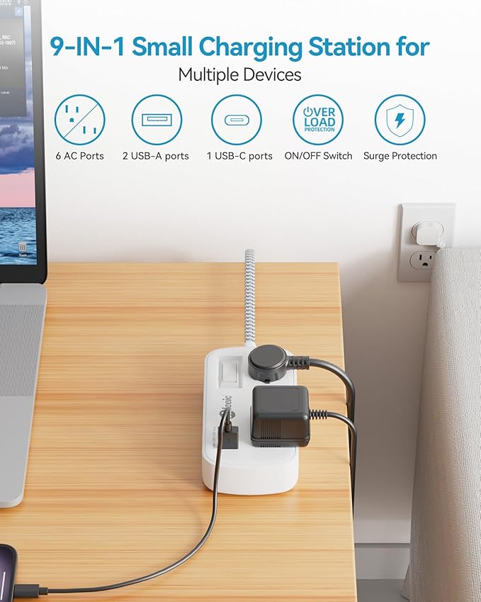 Extension Cord 15 ft - Surge Protector Power Strip Flat Plug with 6 Widely Outlets 3 USB (5V/3.4A 17W) Charging Ports, Multi Plug Wall Outlet Splitter for Home Bedroom Hotel Office Desktop Accessories