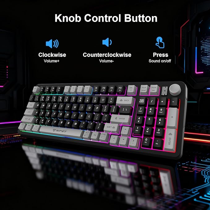 NPET Gaming Keyboard and Mouse Wireless with Tri-Mode, 98 Keys RGB Keyboard with Knob and Gaming Mouse, 12 Multimedia Keys for Wins, PC, Computer, Ideal for Gamer