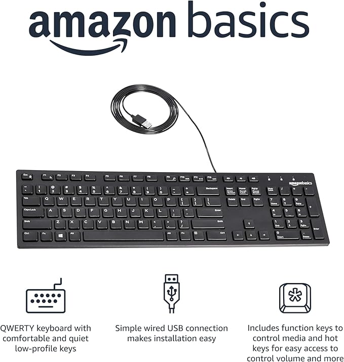 Amazon Basics Wired QWERTY Keyboard, Works with Windows, Plug and Play, Easy to Use with Media Control, Full-Sized, Black