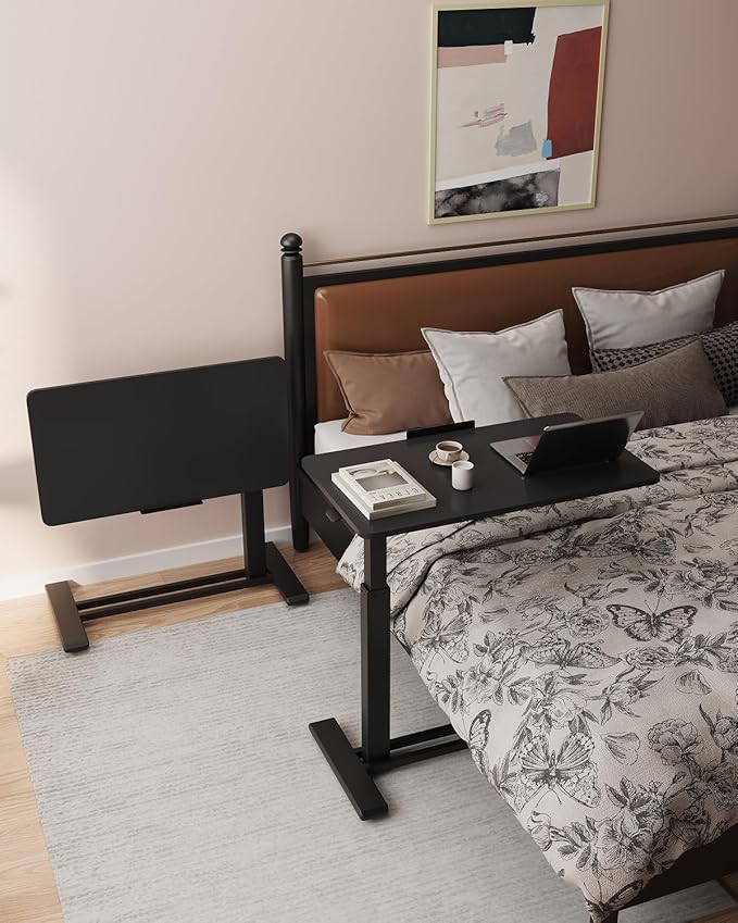 FLEXISPOT H7 PRO Mobile Standing Desk Adjustable Overbed Table Pneumatic with Wheels 90°Tiltable Portable Laptop Desk Rolling Computer Cart Foldable Bedside Table(31.5" W x 17.7" D D, Black)