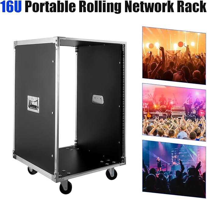 Portable Rolling Network Rack, 19 Inch 16U 4 Post Server Rack Open Frame Rolling Network Data Rack w/Casters, Metal Studio Rack Cabinet for Audio Video, Telecom, Equipment
