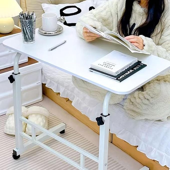 Mobile Standing Desk Adjustable Height for Laptop – Small Rolling Desk & Portable Table on Wheels – Small Standing Table with Wheels for Home Office (White)