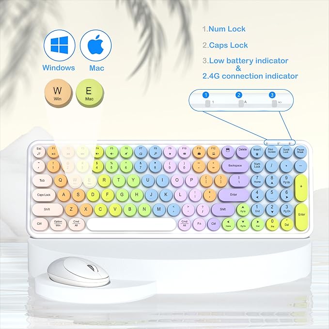 Colorful Wireless Keyboard Mouse Combo, Gradient Rainbow Colors 100 Keys and 2.4GHz Optical Mouse Connection for Windows, Mac, Laptop, PC, Desktop (White Colorful)