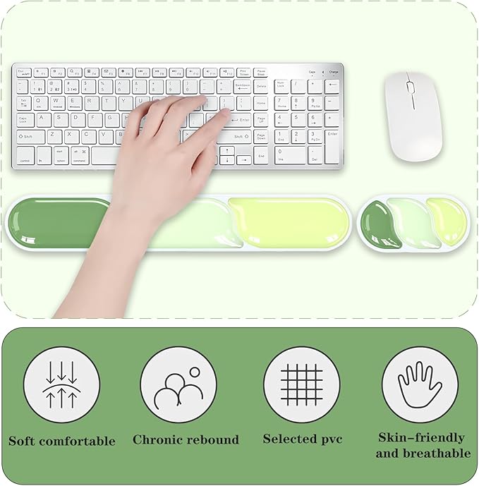 Ergonomic Keyboard Wrist Rest, Gel Wrist Rest for Keyboard and Mouse, Wrist Support and Keyboard Pad for Typing Pain Relief, Anti-Slip Base, Suitable for Office, Laptop, Computer, Gaming, Green