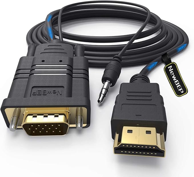 NewBEP HDMI to VGA Cable Adapter with 3.5mm Audio Cord, 1080P HD 6ft/1.8m Gold-Plated HDMI Male to VGA Male Active Video Converter Cord Support Notebook PC DVD Player Laptop TV Projector Monitor