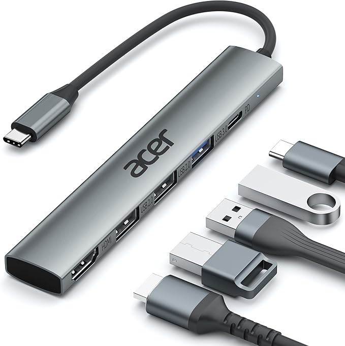 Acer 5 in 1 USB C Hub with 4K HDMI, 100W Power Delivery, 3 USB A Data Ports, USB C to HDMI Multiport Adapter for Laptop, PC, Tablet, MacBook Air, iPad Air, iMac, iPhone 15/16 Pro/Pro Max