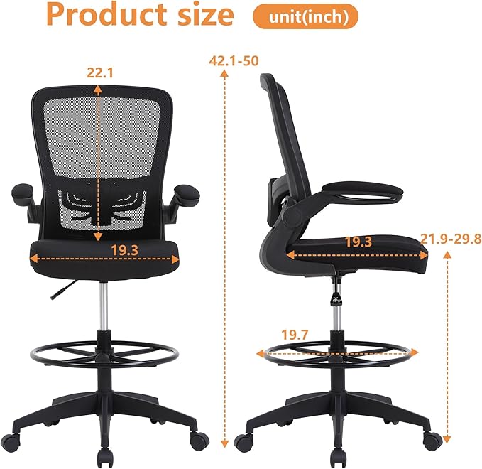 BestOffice Drafting Chair Tall Office Chair Adjustable Height with Lumbar Support Flip Up Arms Footrest Mid Back Task Mesh Desk Chair Computer Chair Drafting Stool for Standing Desk