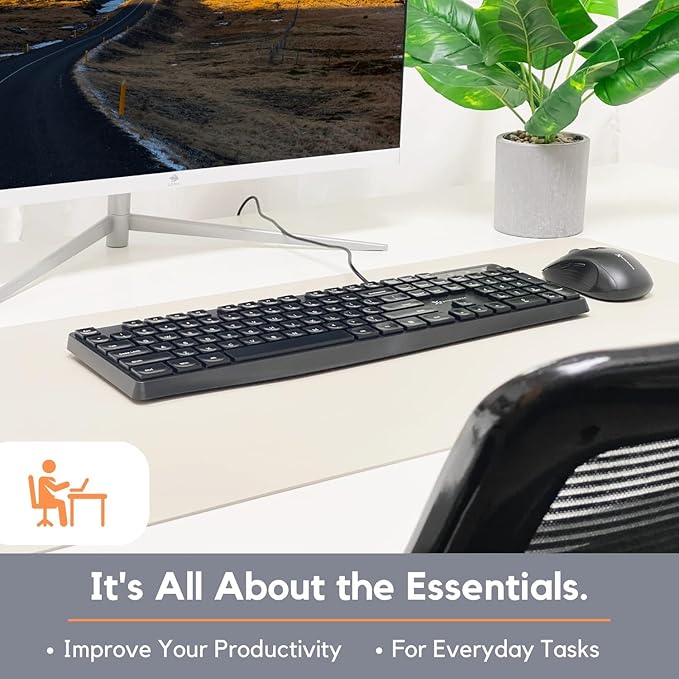X9 Performance Wired Keyboard - Ultra Slim Full Size Ergonomic Computer Keyboard - Basic USB Keyboard for PC Desktop, Laptop with 5ft Corded Wire, 104 Quiet Keys, 14 Shortcuts, and Kickstand