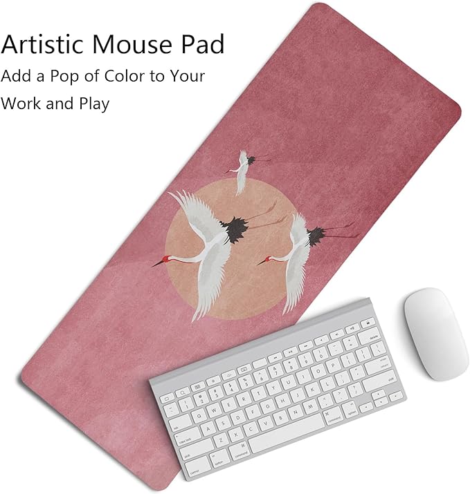 Retro Chinese Style Mouse Pad,Vintage Japanese Style Desk Pad,XL Large China Red Crowned Crane Laptop Desk Mat,Girly Pink Gaming Computer Pads,Girly Desk Mat For Home Office Dorm,31.5x11.8Inch