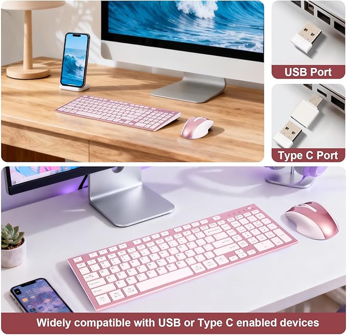 Wireless Keyboard and Mouse Set, 2.4G USB Silent Ultra-Thin Compact Full-Size Keyboard, Compatible with PC, Windows, Mac, MacBook (Rose Gold)