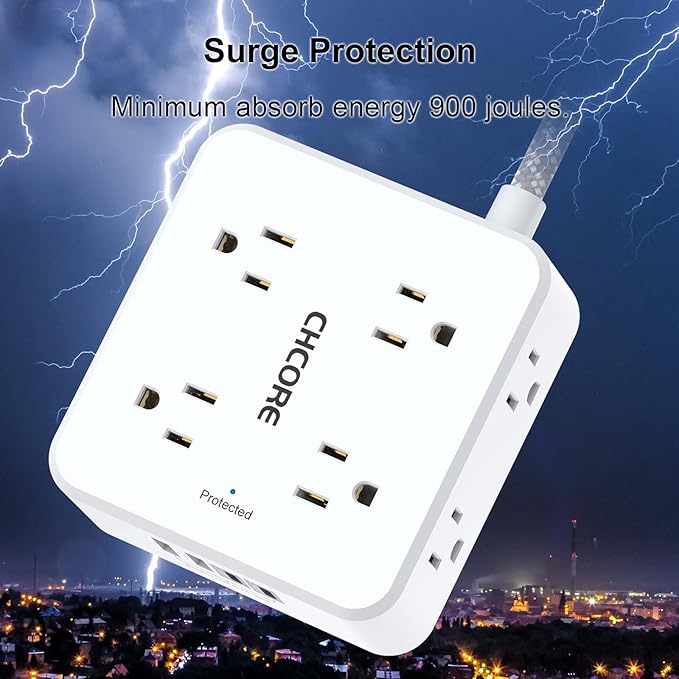 Surge Protector Power Strip - CHCORE 15Ft Braided Extension Cord with 8 Outlets with 4 USB (2 USB C) Charging Ports, Flat Plug Multi Plug Outlet Extender Charging Station for Home Office, ETL, White