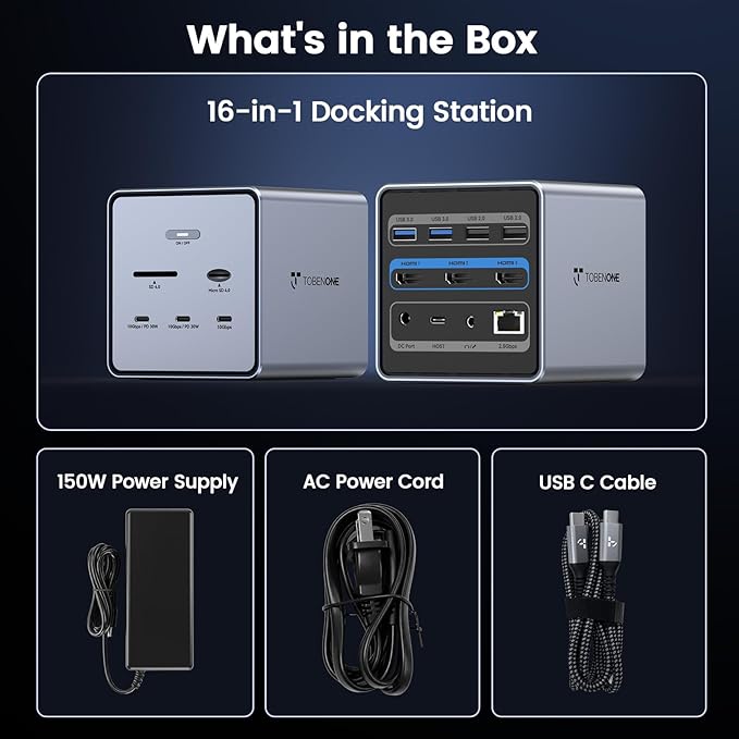 TobenONE 16-in-1 Laptop Docking Station Triple 4K Monitor with 150W Power Supply, 3 HDMI, 2.5Gbps Ethernet, 7 USB, USB-C Docking Station for Thunderbolt 5/4/3 Windows/Dell/Lenovo/HP/Asus