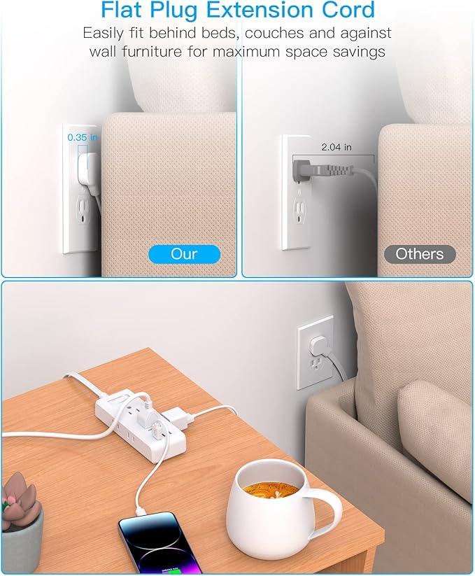Extension Cord 10 ft, HANYCONY Flat Plug Power Strip with 6 Outlets and 3 USB Ports (2 USB C), Ultra-Thin Extension Cord, Wall Mountable, Long Cord for College Dorm Room, Office Home Essentials