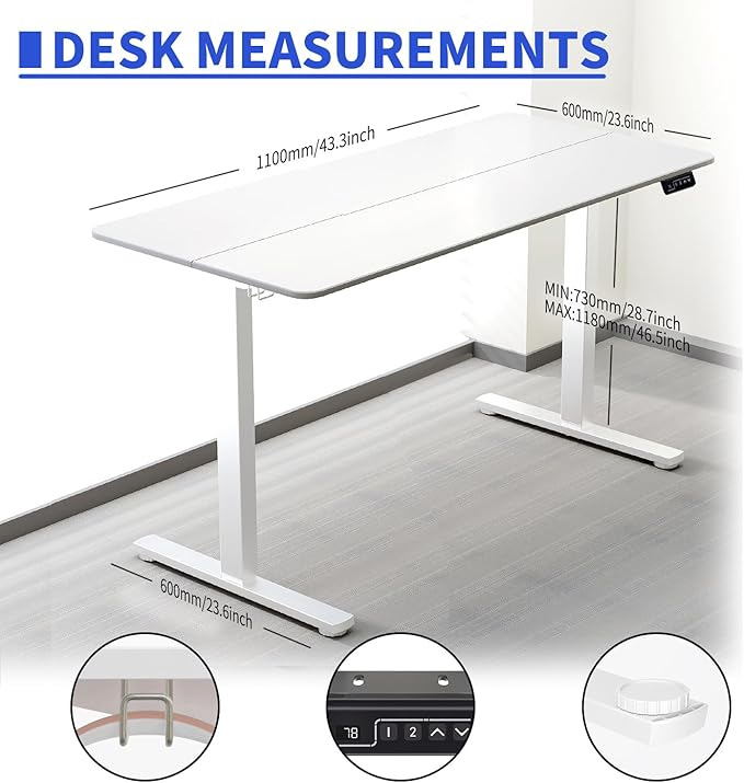 ERGOMAKER 43" Electric Standing Desk, Adjustable Height, Sit Stand Up Desk for Home Office & Computer Workstations, Memory Controller, White