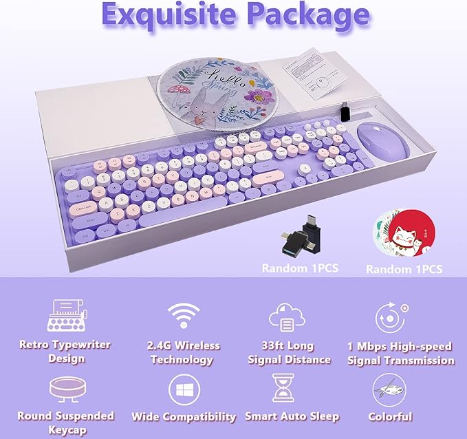 Wireless Keyboard and Mouse Combo, Ergonomic Cute Retro Typewriter Full Size Colorful USB Cordless Keyboard Mouse Set for Gaming and Office (Purple)